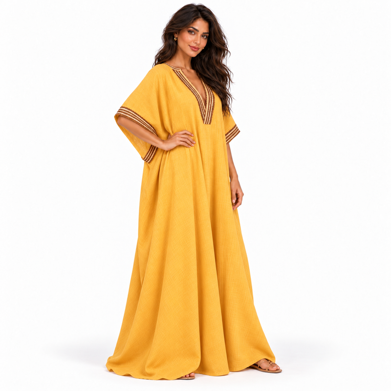 Elegant Khaki Embroidered V-Neck Linen Kaftan-3