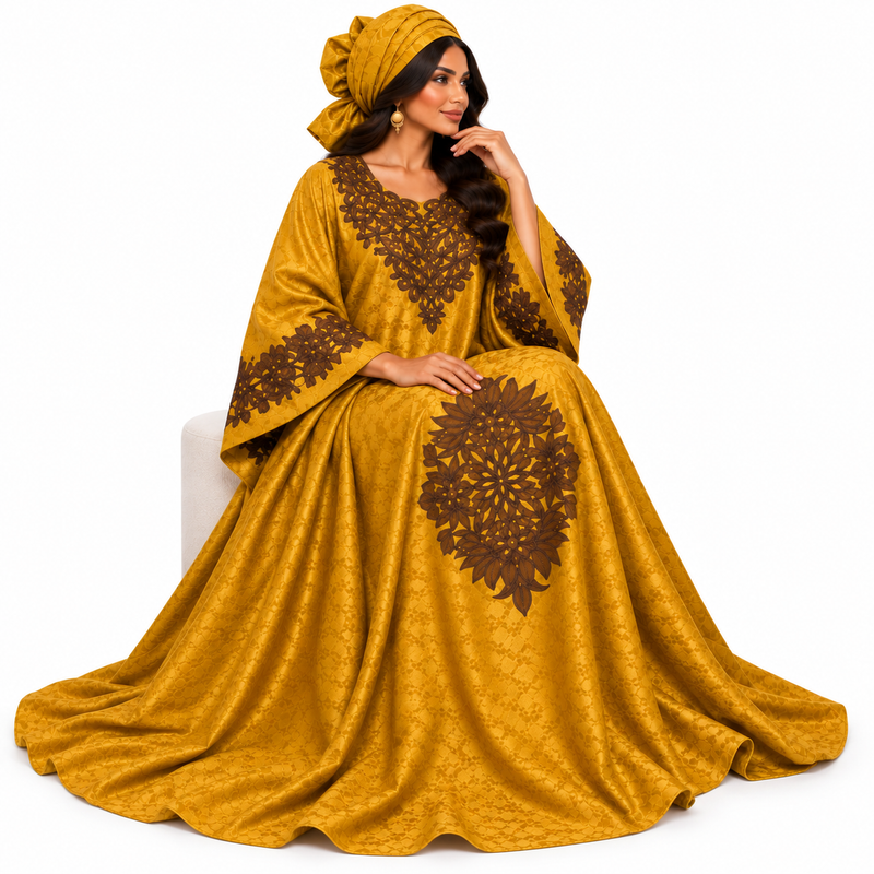 Mustard Brown Embroidered Moroccan Luxury Kaftan-2