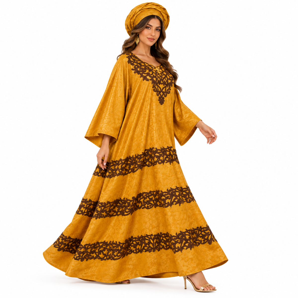 Mustard Gold Brown Embroidered Women’s Kaftan-3
