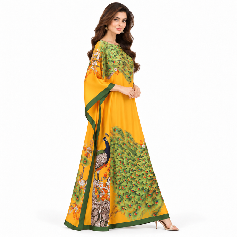 Elegant Yellow Peacock Printed Pakistani Kaftan-3