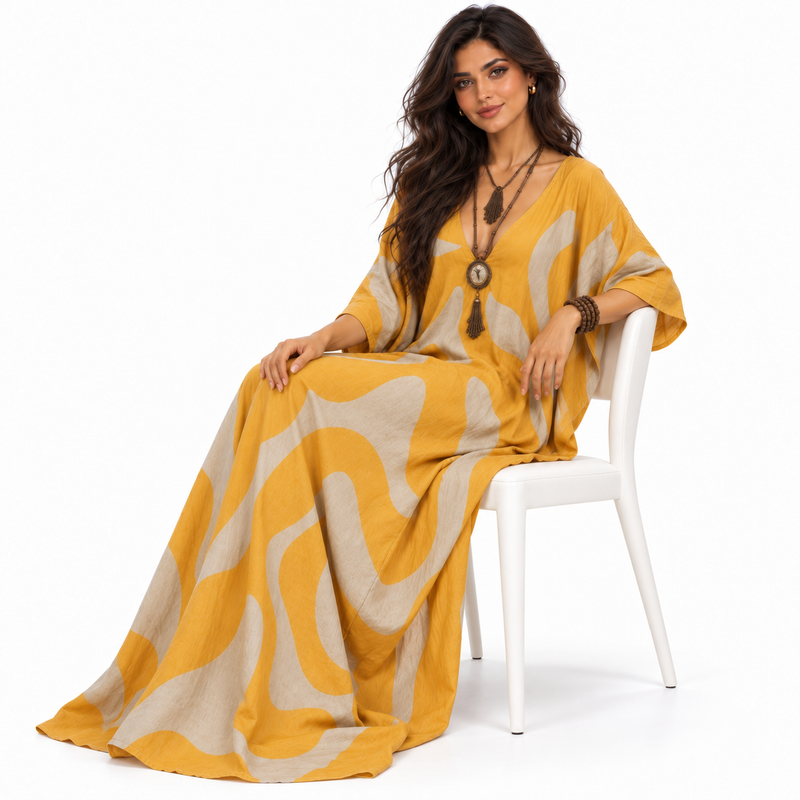 Elegant Mustard Yellow Abstract Linen Kaftan-3