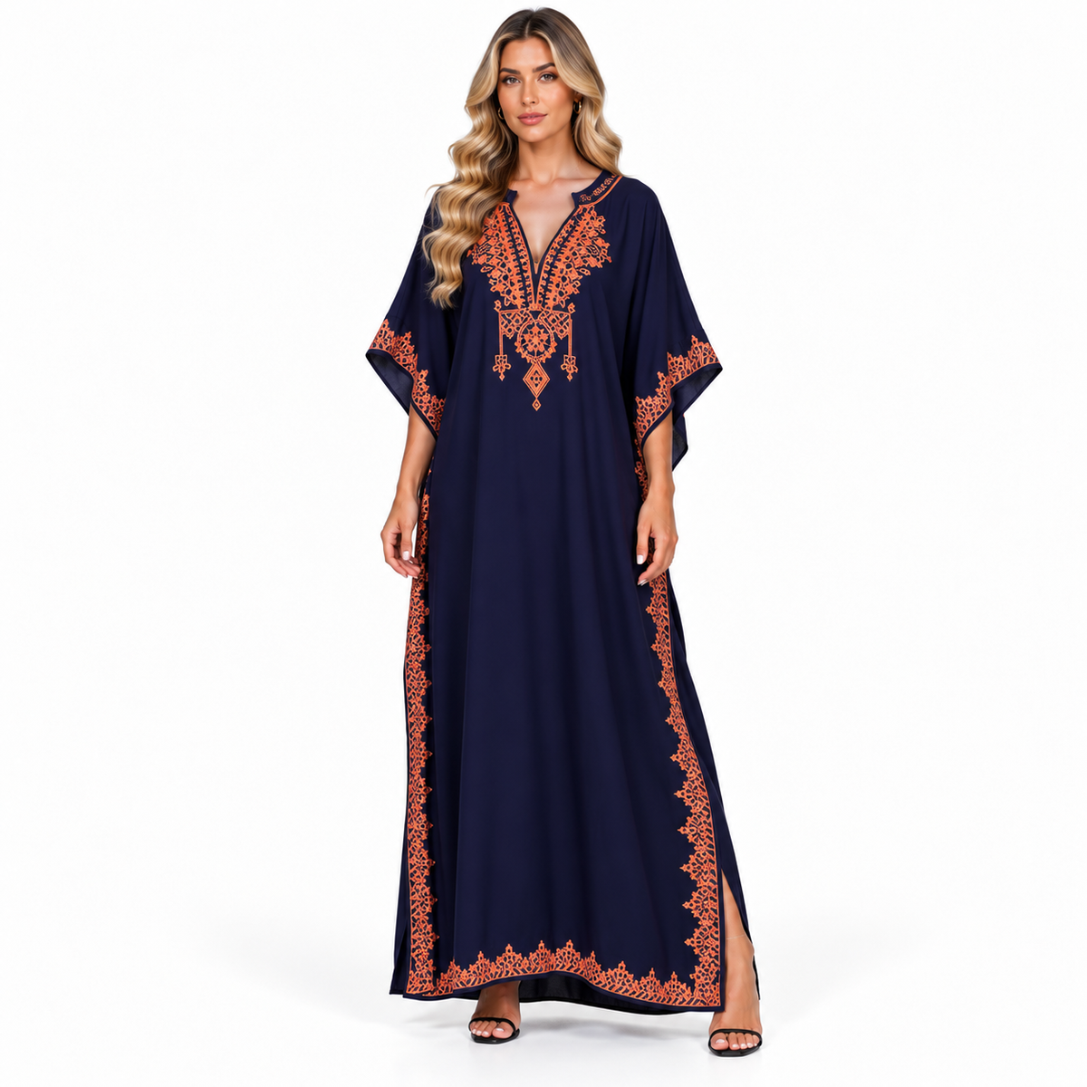 Elegant Navy Blue Embroidered Modern Kaftan-1