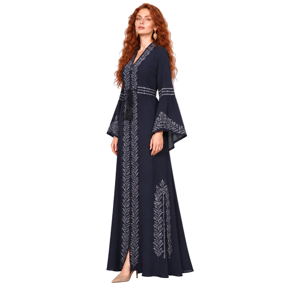 Elegant Navy Blue Embroidered Lebaran Kaftan