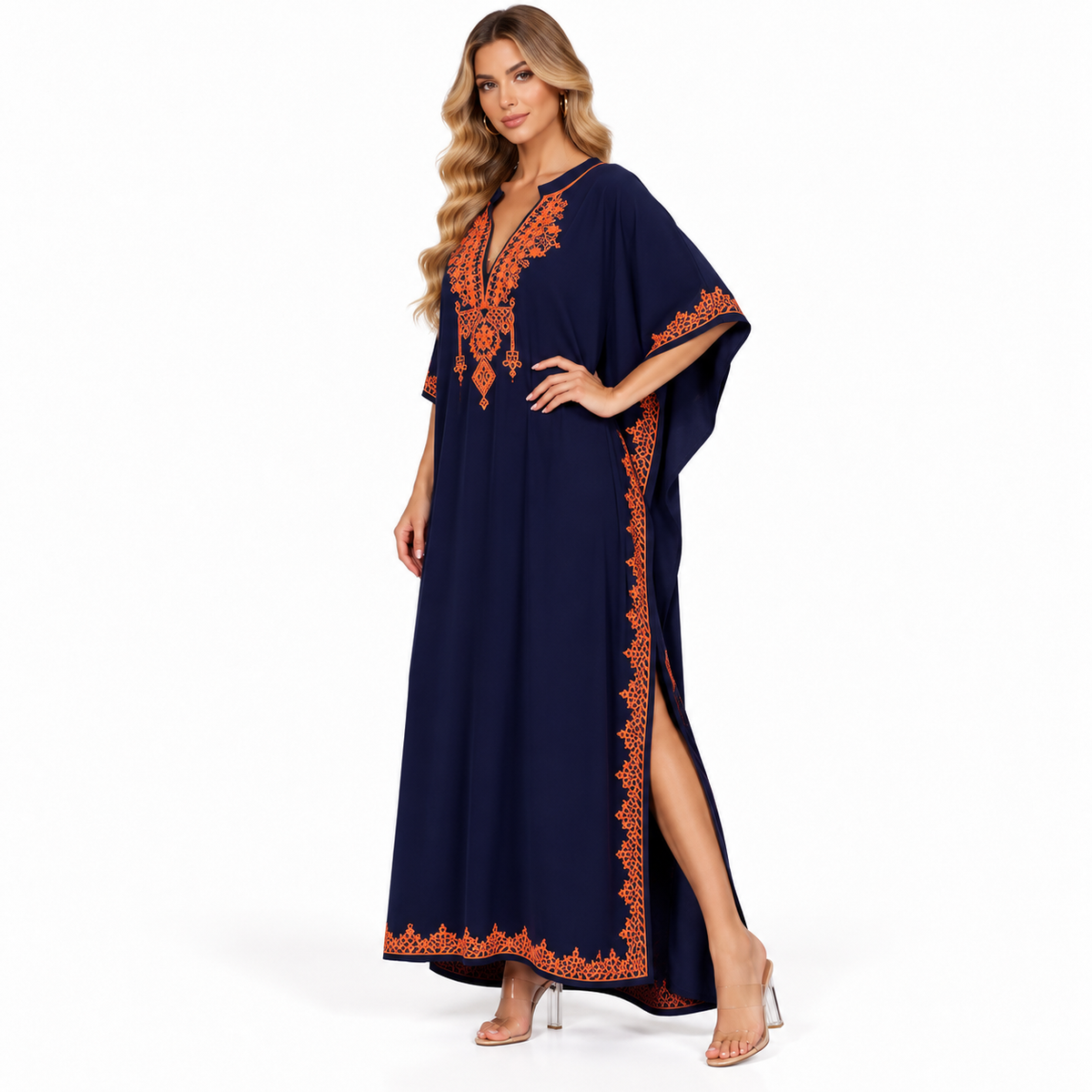 Elegant Navy Blue Embroidered Modern Kaftan-3