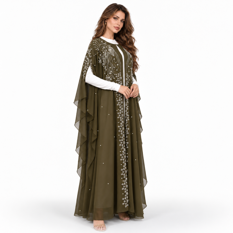 Green Embellished Chiffon Butterfly Sleeve Kaftan-3