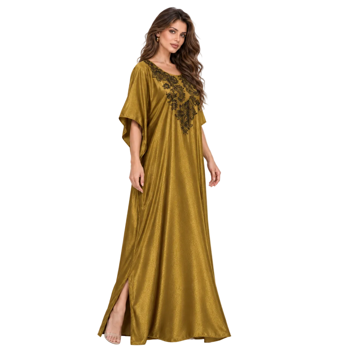 Olive Gold Floral Embroidered Luxury Kaftan-3