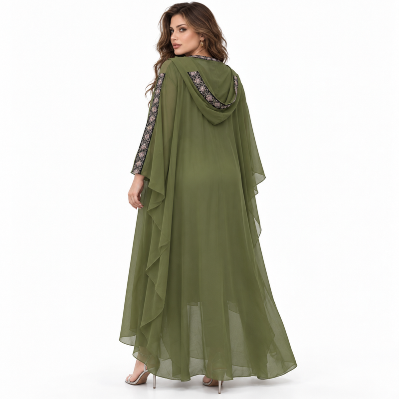 Green Embroidered Chiffon Hooded Kaftan Dress-4