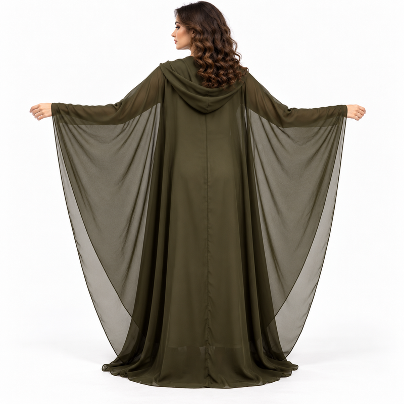 Green Embellished Chiffon Butterfly Sleeve Kaftan-4