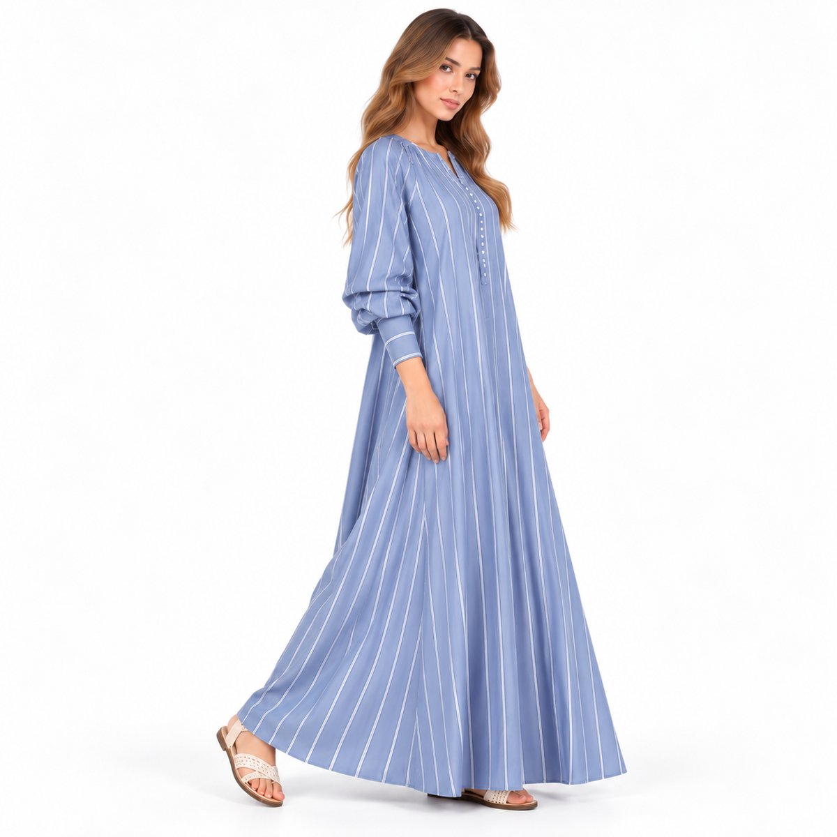 Cotton Kaftan Elegant Blue Striped Dress-3