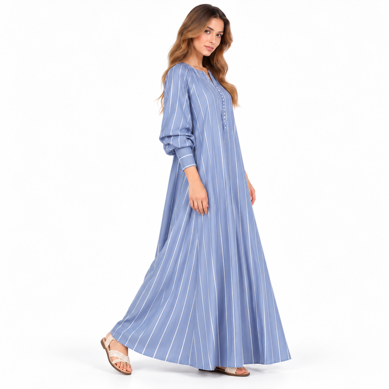 Cotton Kaftan Elegant Blue Striped Dress-3
