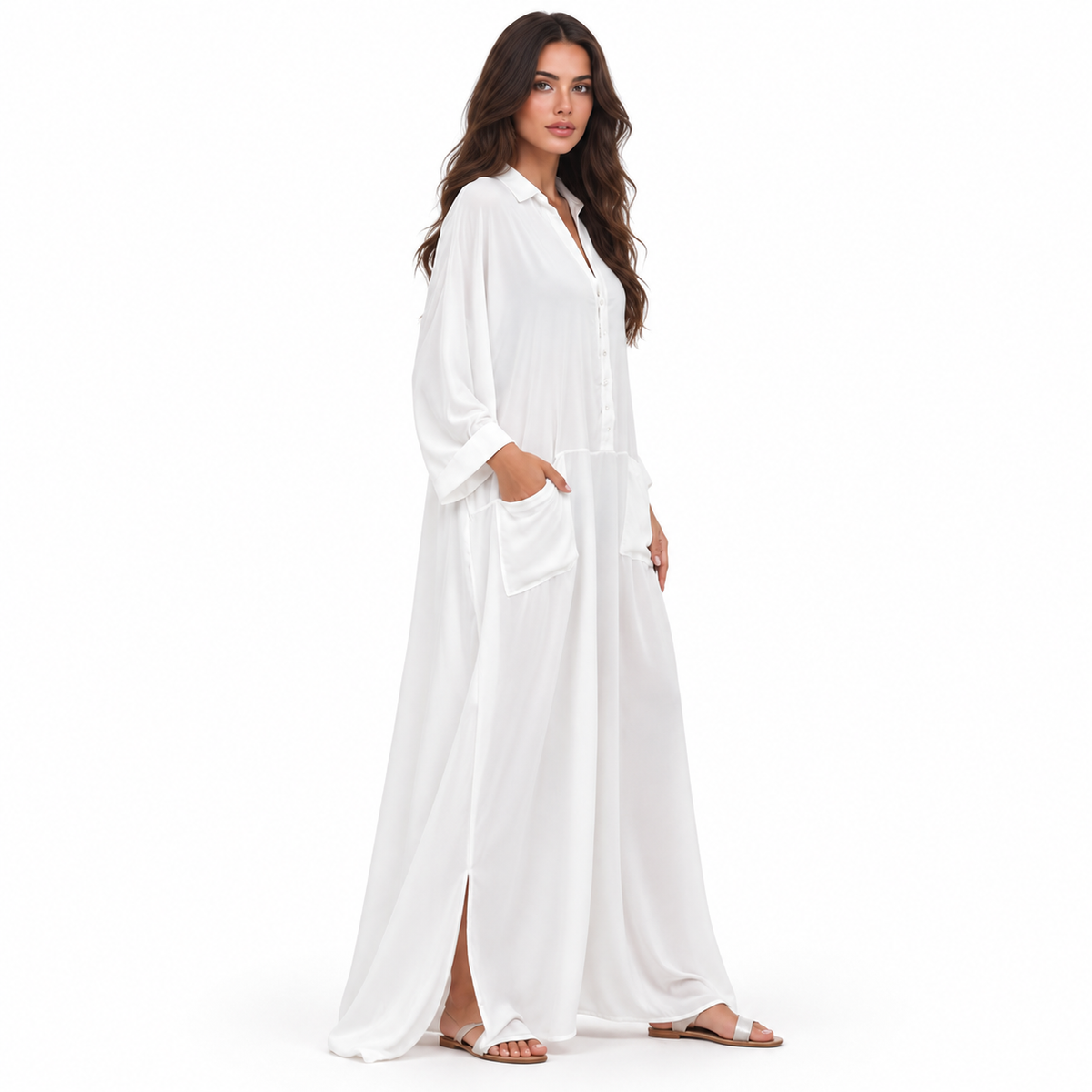 White Kaftan Elegant Casual Maxi Dress-2