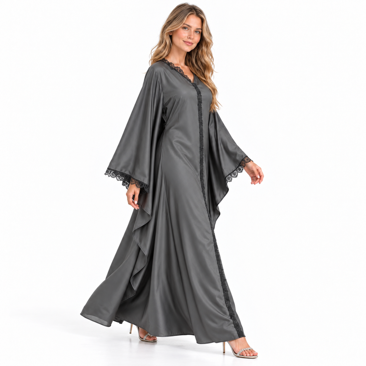 Grey Lace Trimmed Silk Satin Kaftan-3