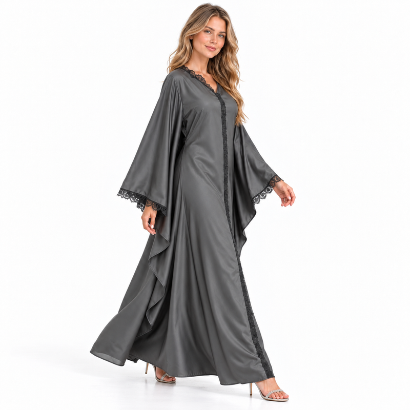 Grey Lace Trimmed Silk Satin Kaftan-3