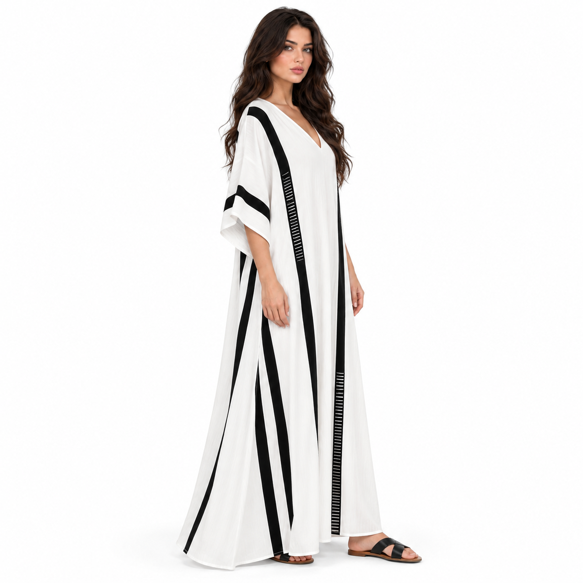 White Kaftan Elegant Black Striped Dress-3