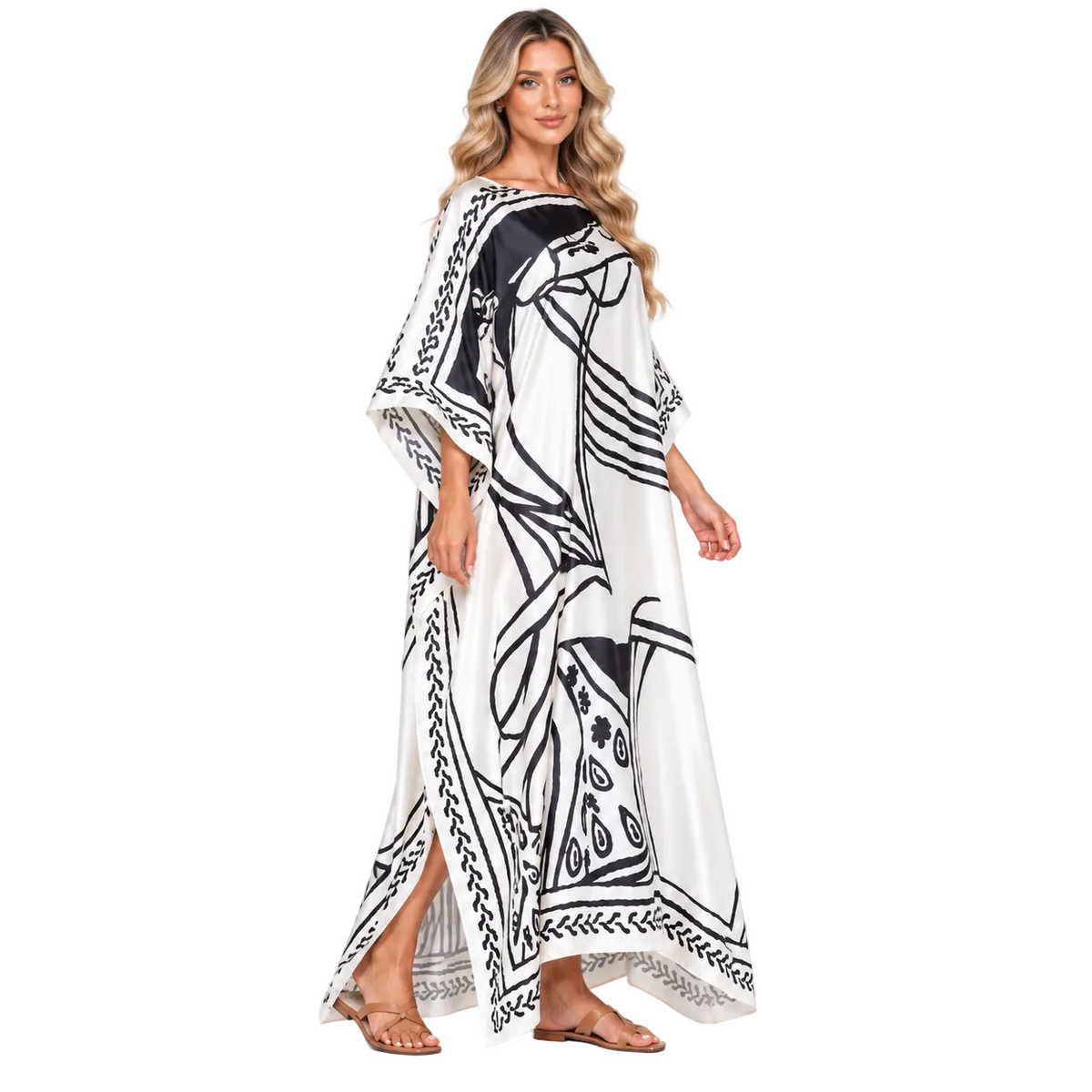 White Abstract Print Modern Kaftan Dress-3