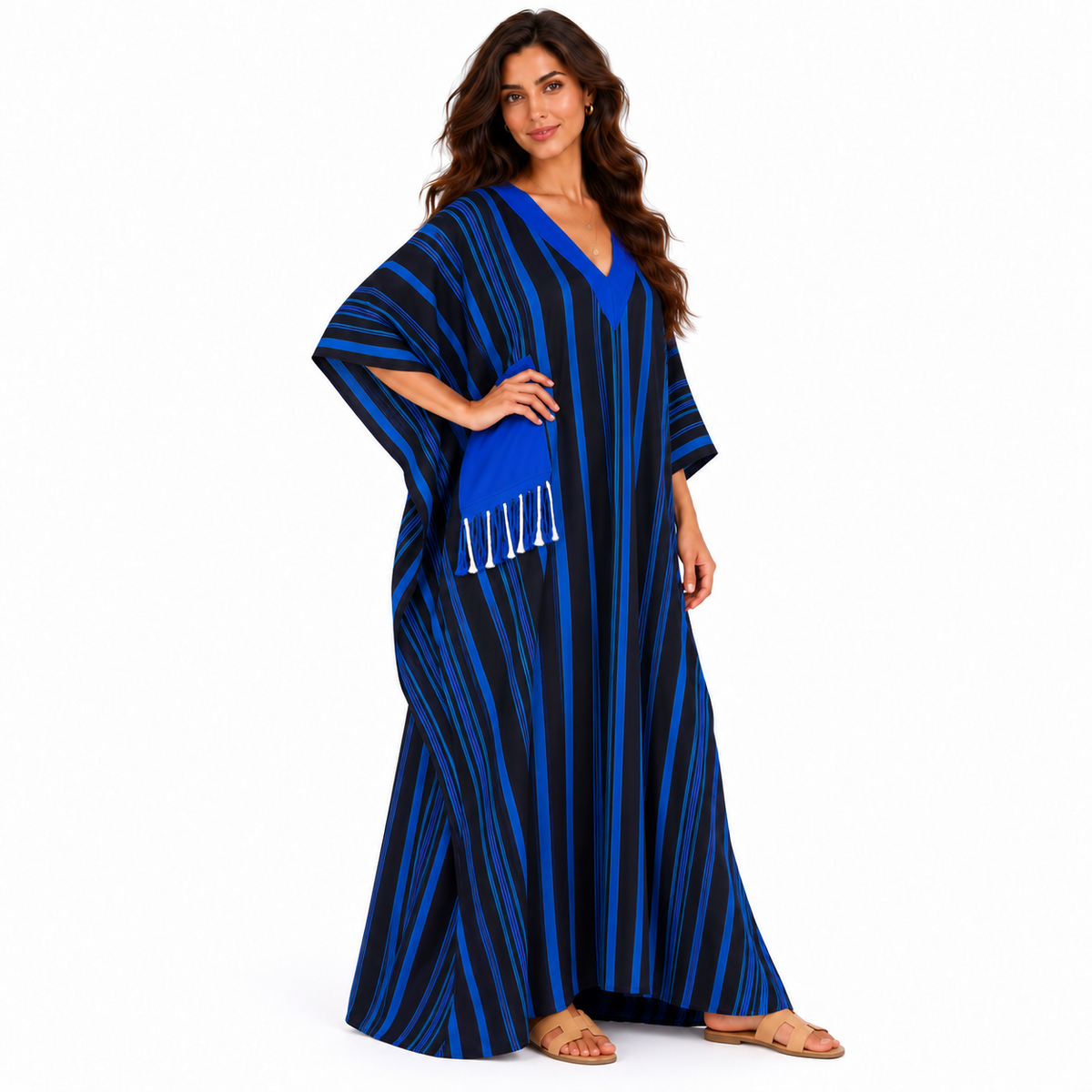 Elegant Blue Striped Oversized Linen Kaftan-3