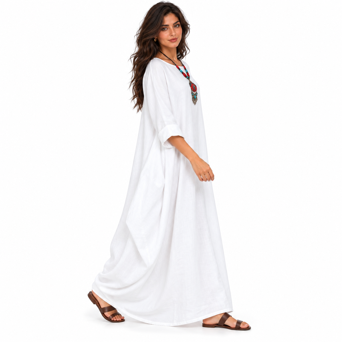Elegant White Cotton Linen Kaftan Maxi