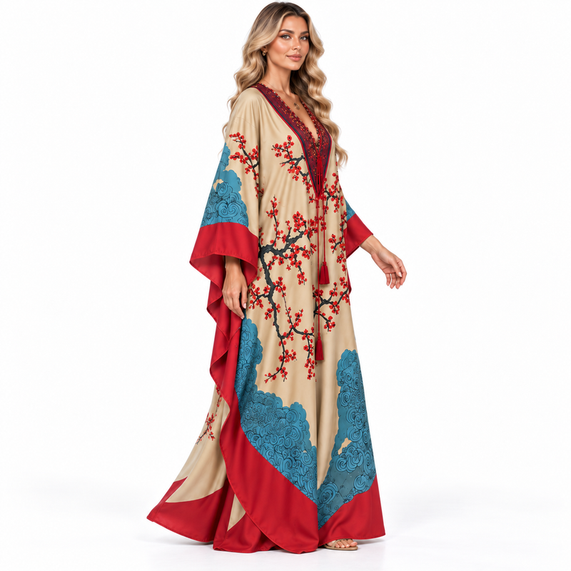 Beige Floral Print Elegant Modern Kaftan-3