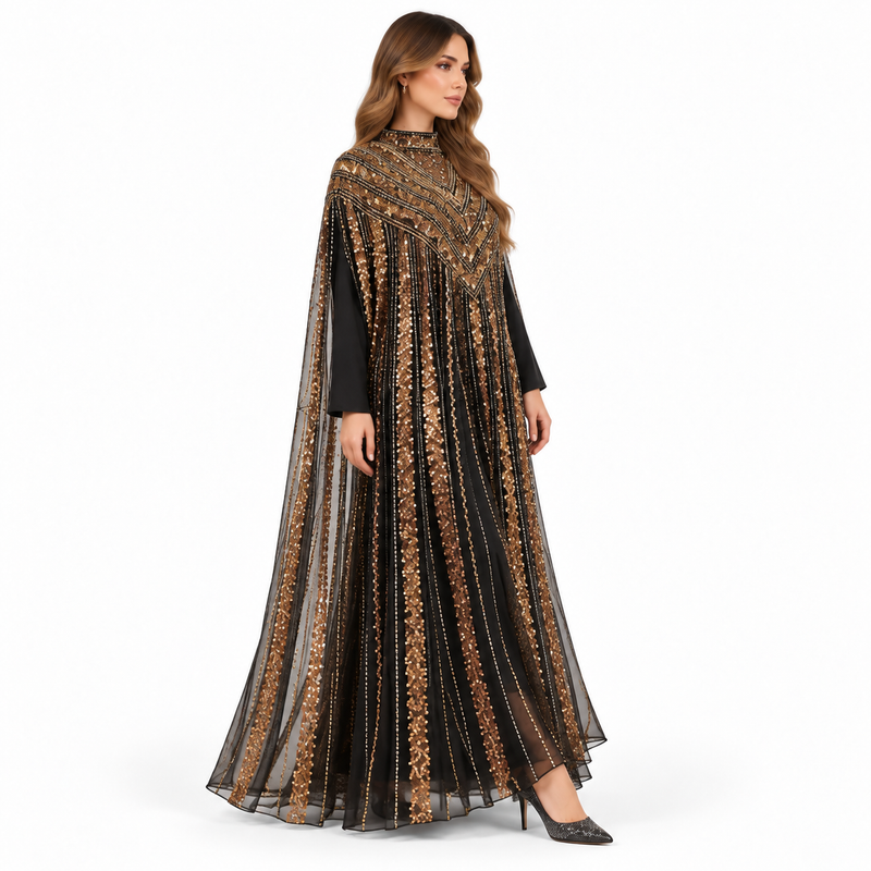 Elegant Black Gold Embroidered Sequin Kaftan-2