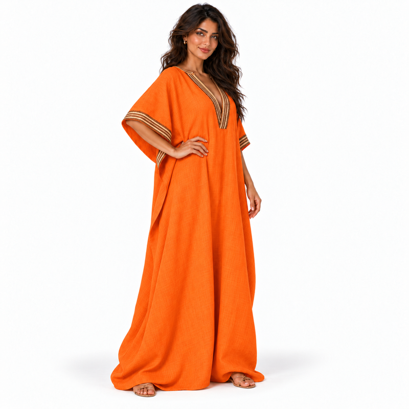 Orange Linen Kaftan With Elegant Embroidery-2