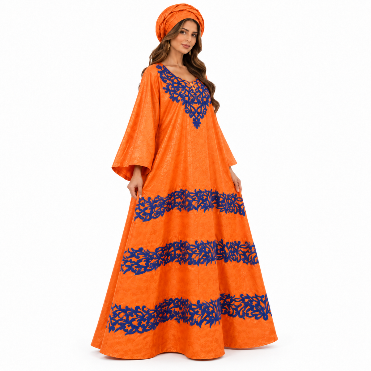 Orange Blue Embroidered Flowing Baju Kaftan