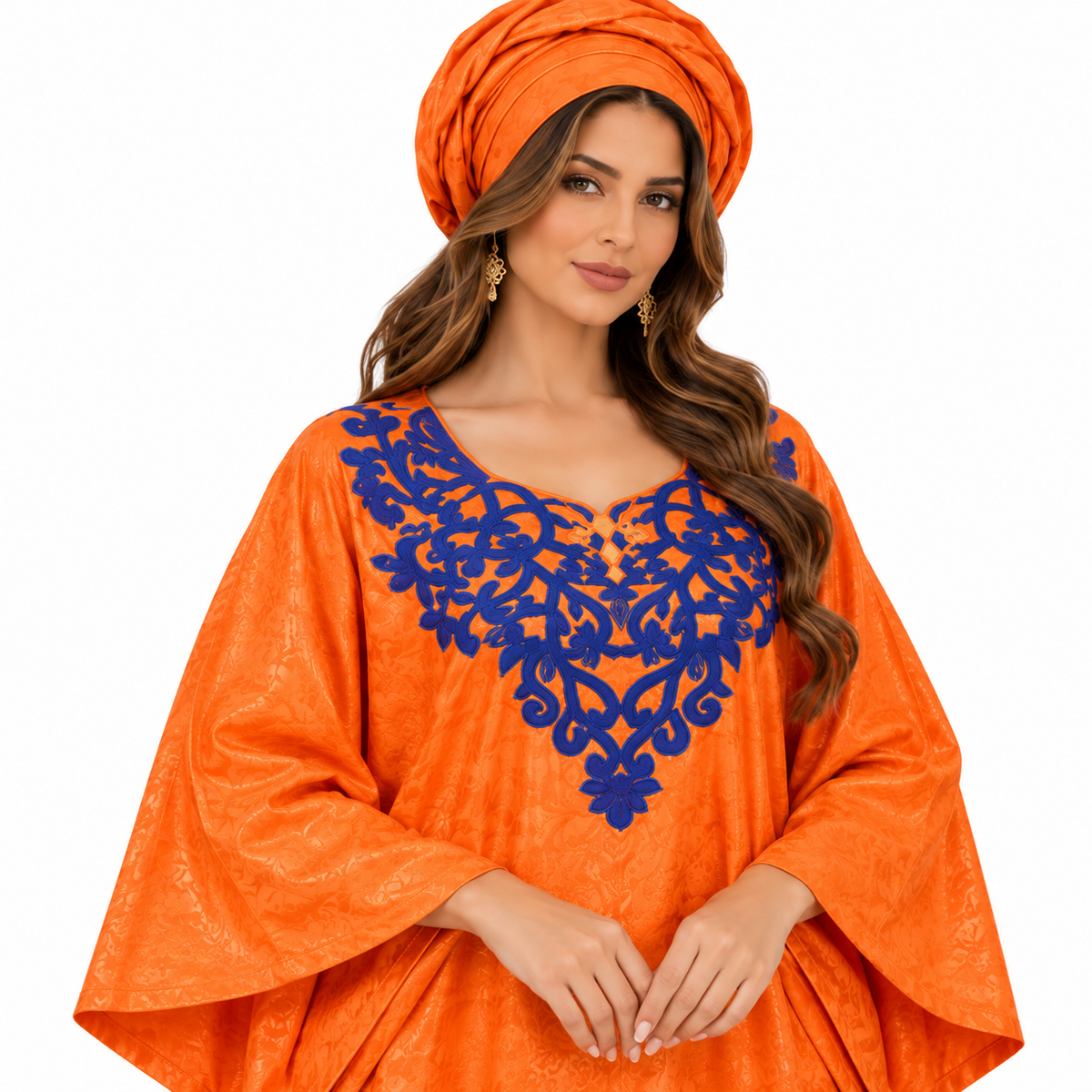 Orange Blue Embroidered Flowing Women’s Kaftan-3