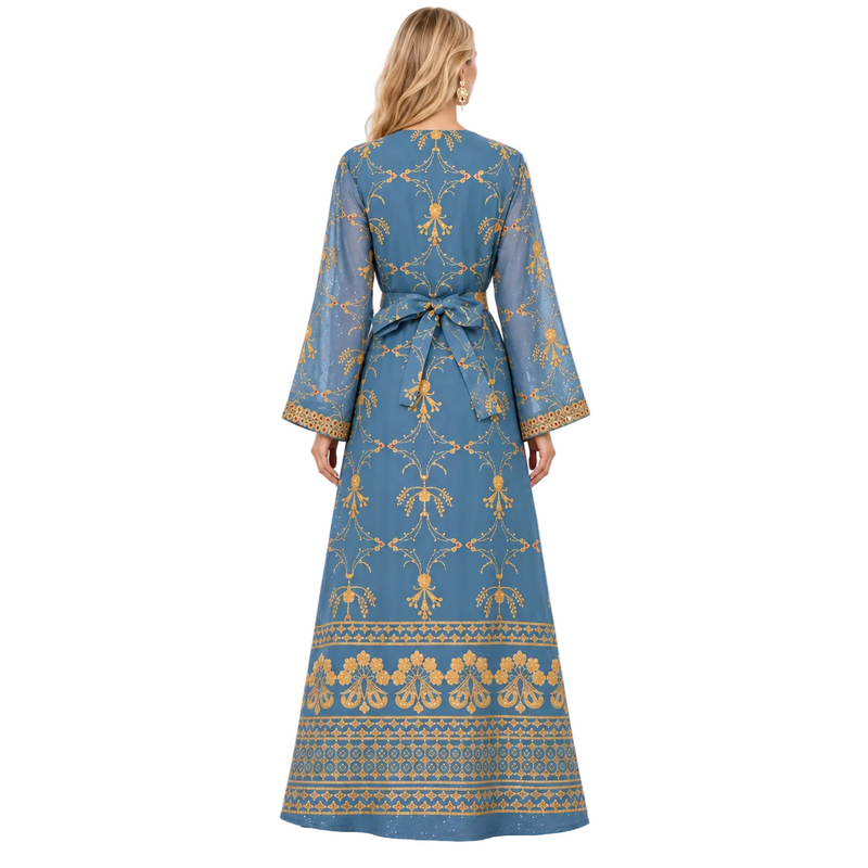 Blue Gold Embroidered Gamis Luxury Kaftan-4
