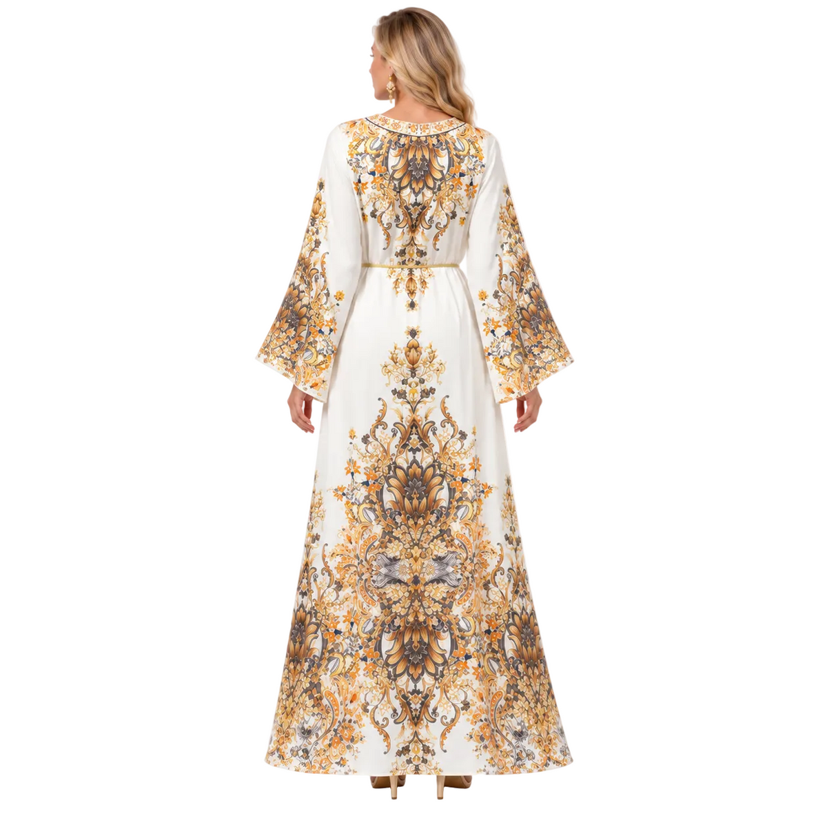 White Floral Printed Elegant Gamis Kaftan-4