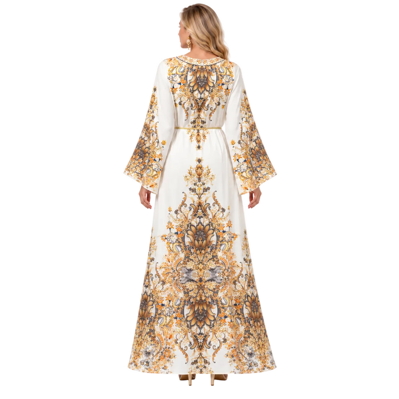 White Floral Printed Elegant Gamis Kaftan-4