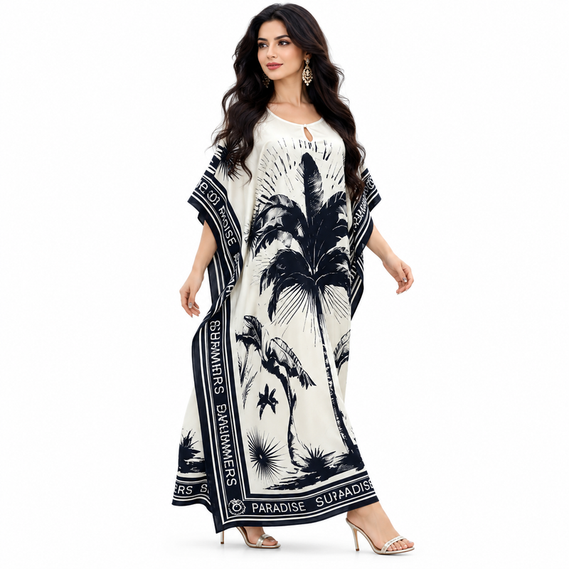 Champagne Tropical Print Relaxed Kaftan Dress-2