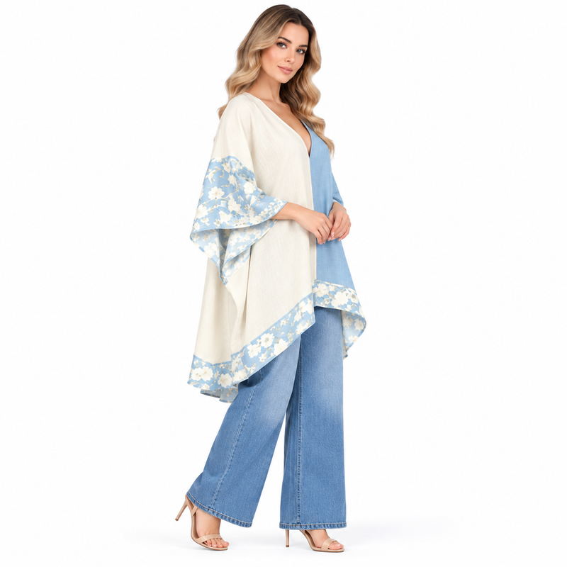 Elegant Blue Cream Floral Kaftan Top-3