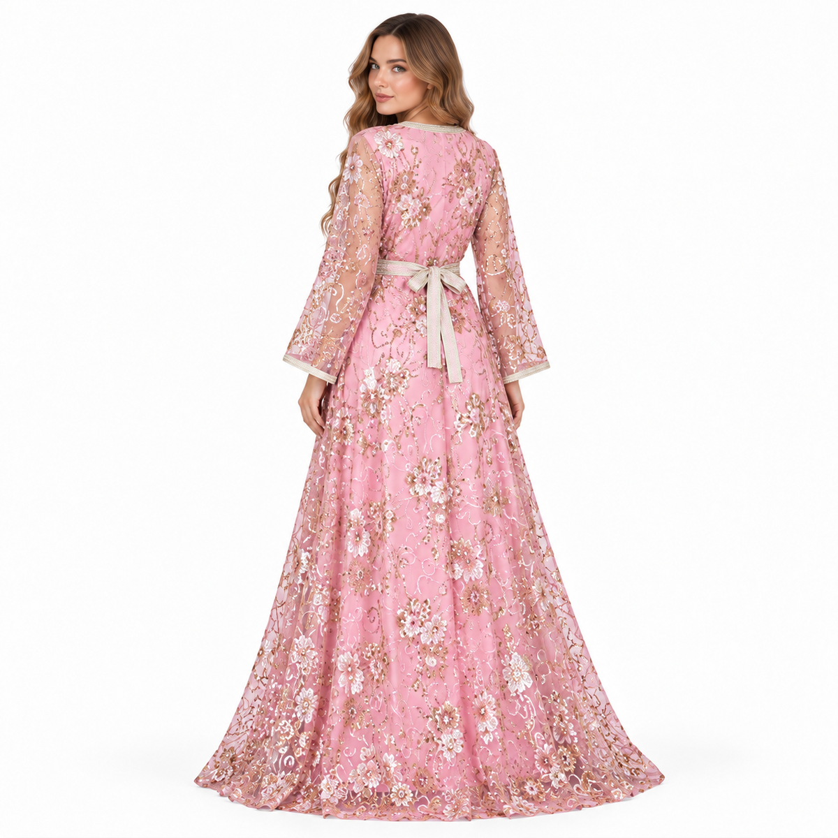 Elegant Pink Floral Sequin Embroidered Kaftan-4