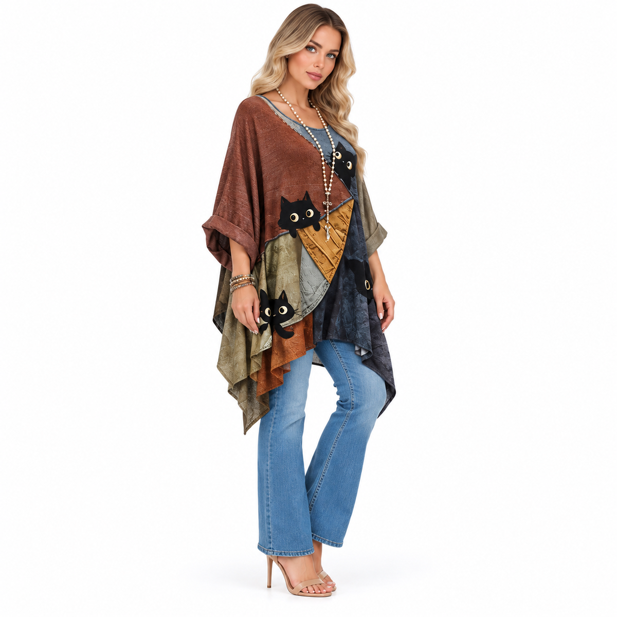 Artistic Multicolor Cat Print Kaftan Top-2