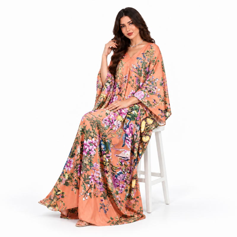 Elegant Peach Floral Print Maxi Kaftan-3