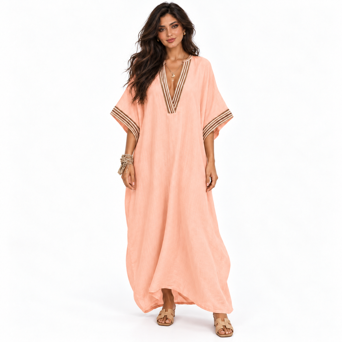 Elegant Peach Blossom V-Neck Linen Kaftan-1