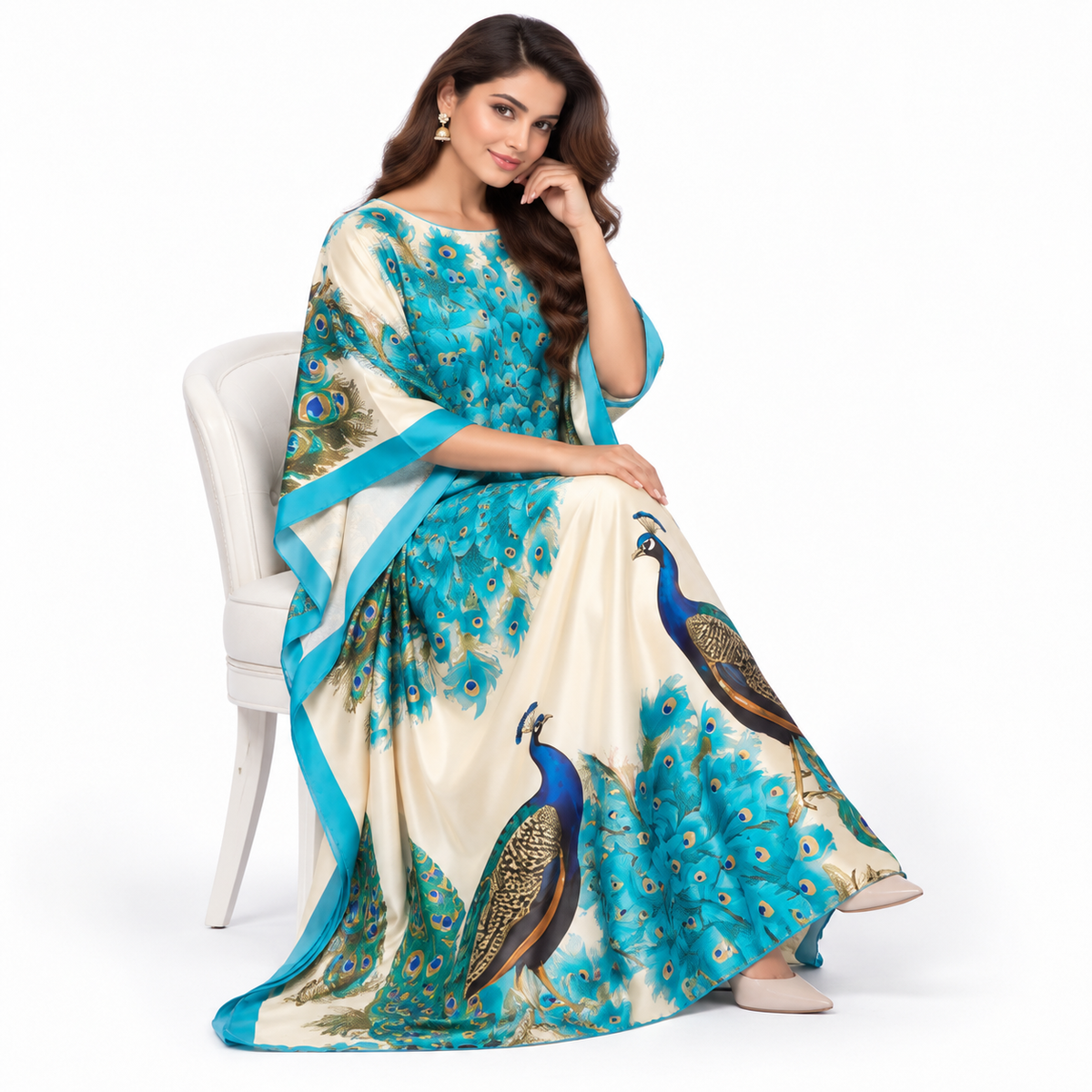 Elegant Pakistani Peacock Print Satin Kaftan-2