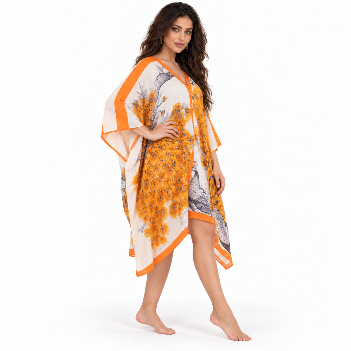 Orange Peacock Print Flowing Resort Kaftan-3