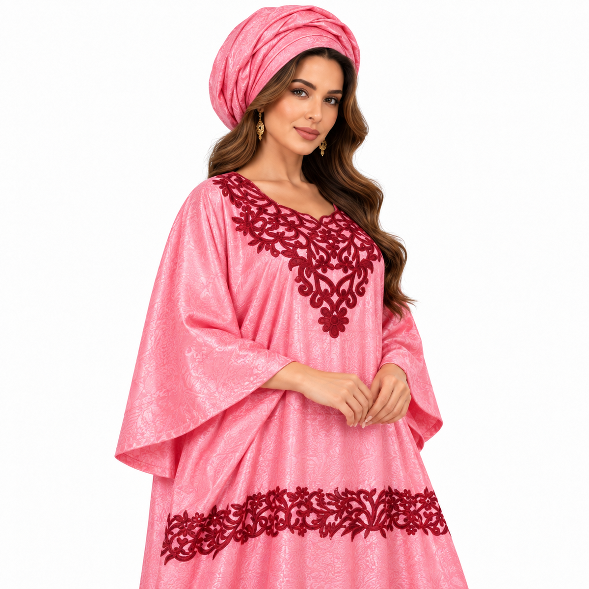 Pink Burgundy Embroidered Flowing Women’s Kaftan-3