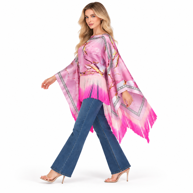 Elegant Pink Floral Fringe Kaftan Tops-3