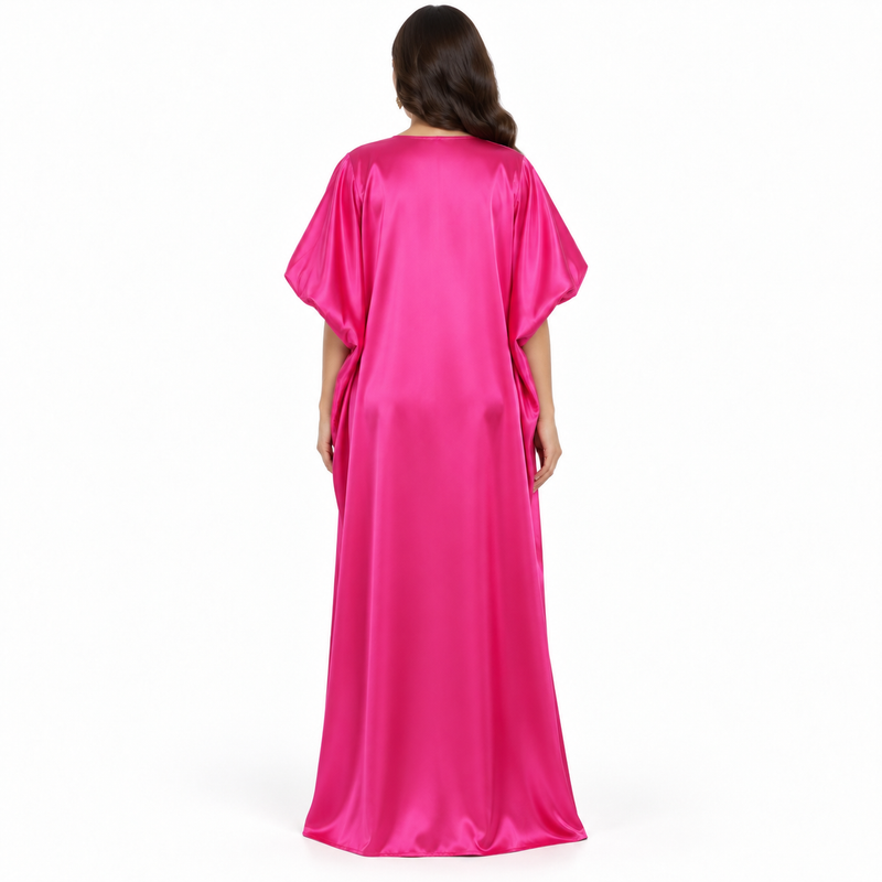 Fuchsia Silver Floral Satin Luxury Kaftan-4