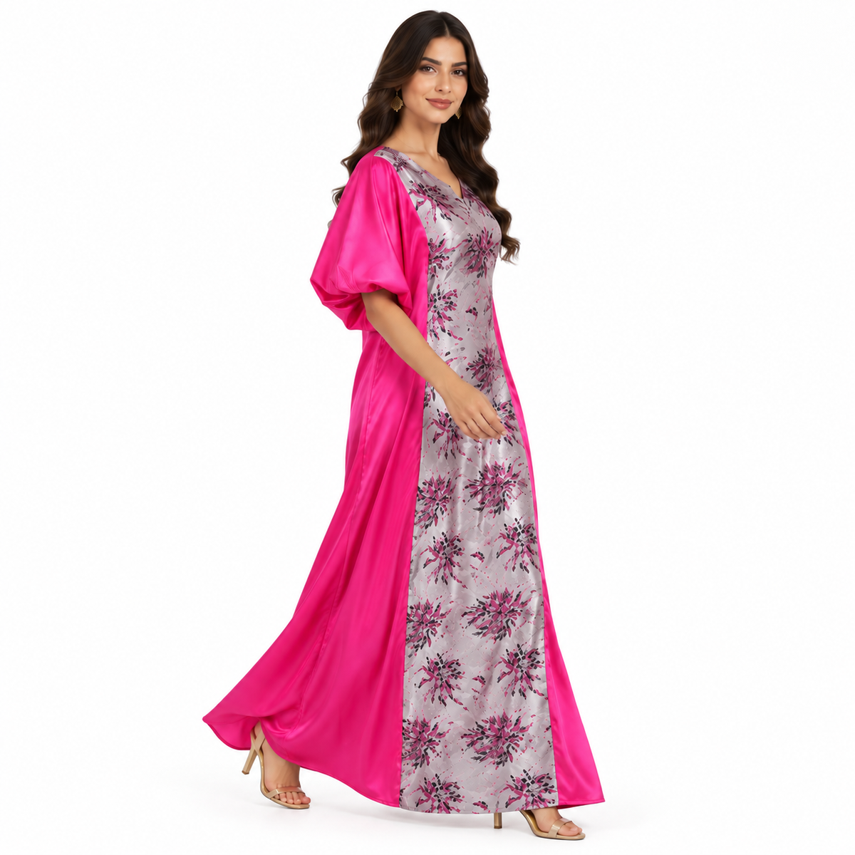 Fuchsia Silver Floral Satin Luxury Kaftan-3