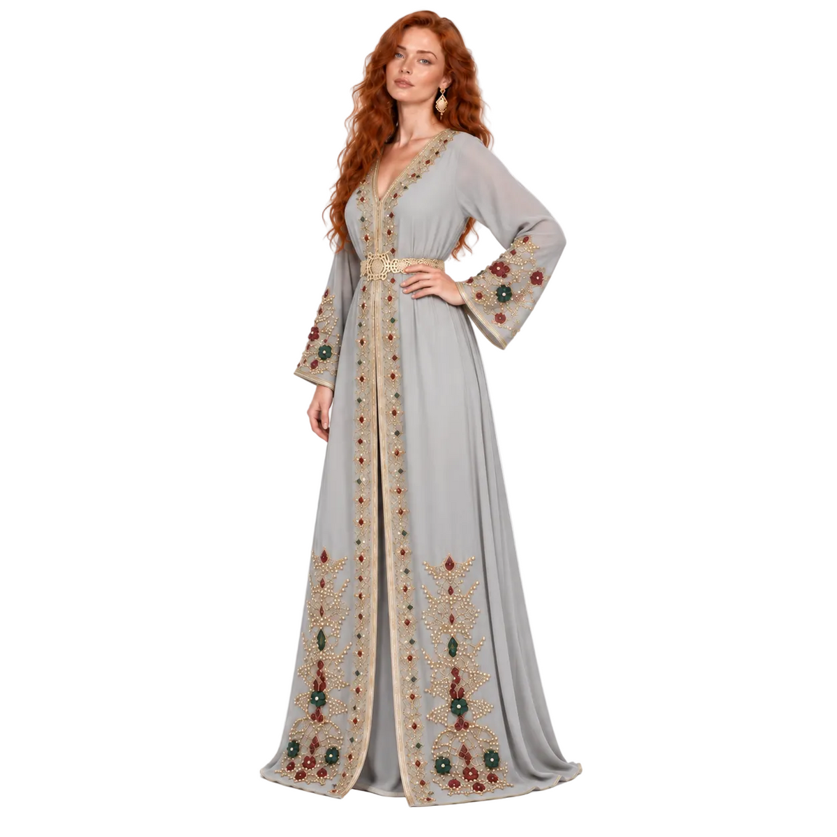 Silver Grey Embroidered Elegant Lebaran Kaftan-3