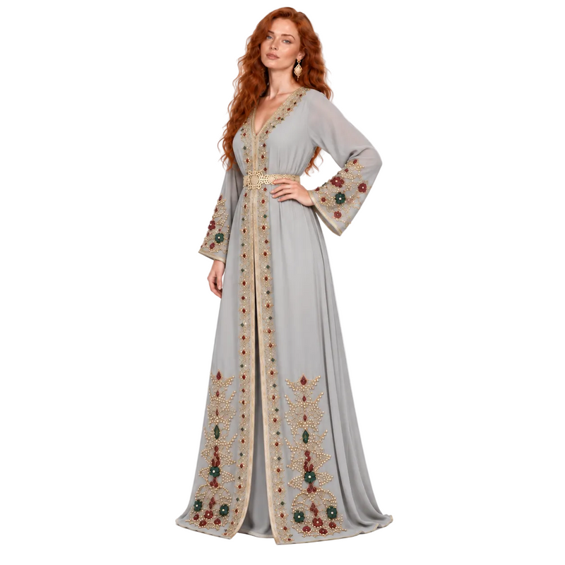 Silver Grey Embroidered Elegant Lebaran Kaftan-3