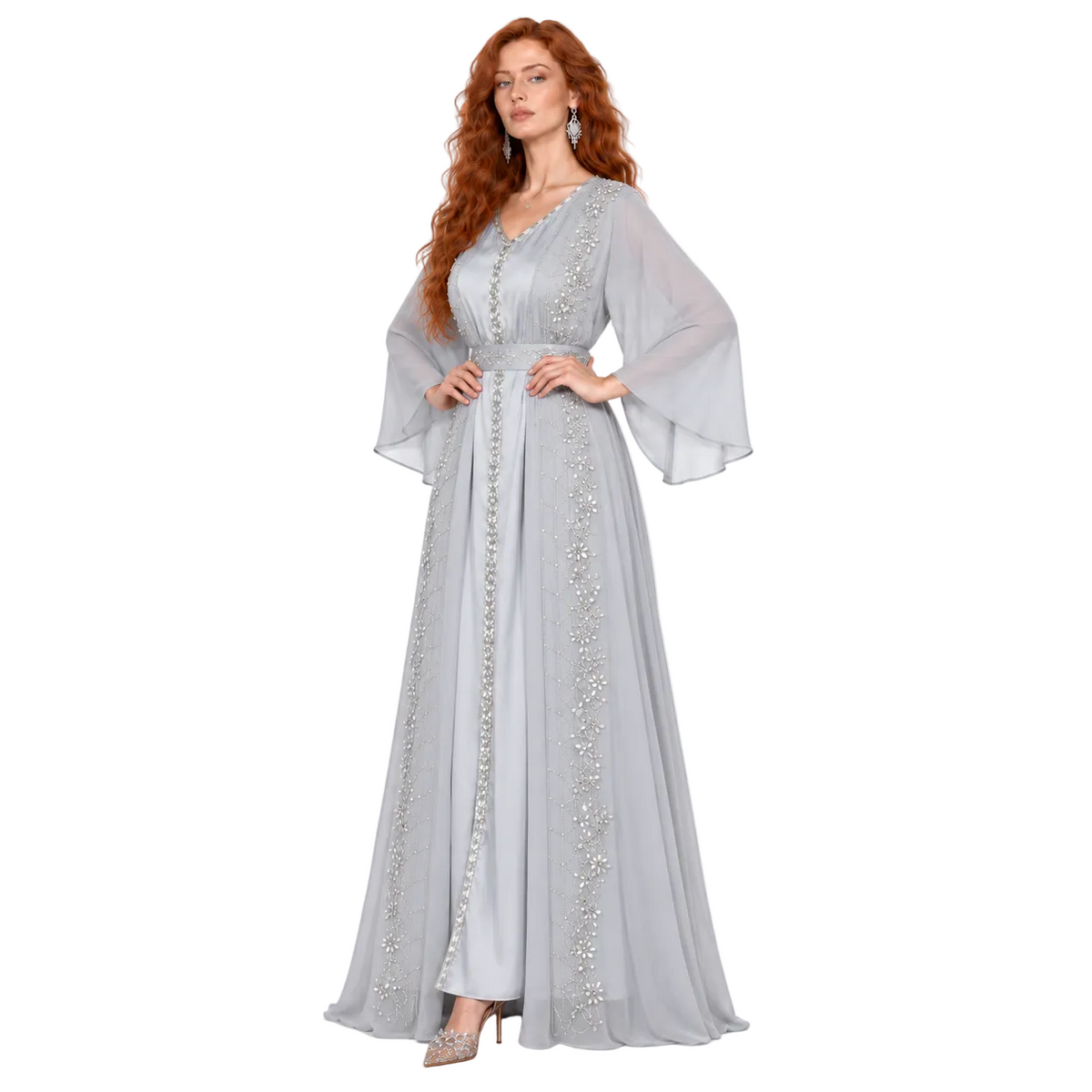 Elegant Silver Grey Embellished Kaftan Lebaran-3