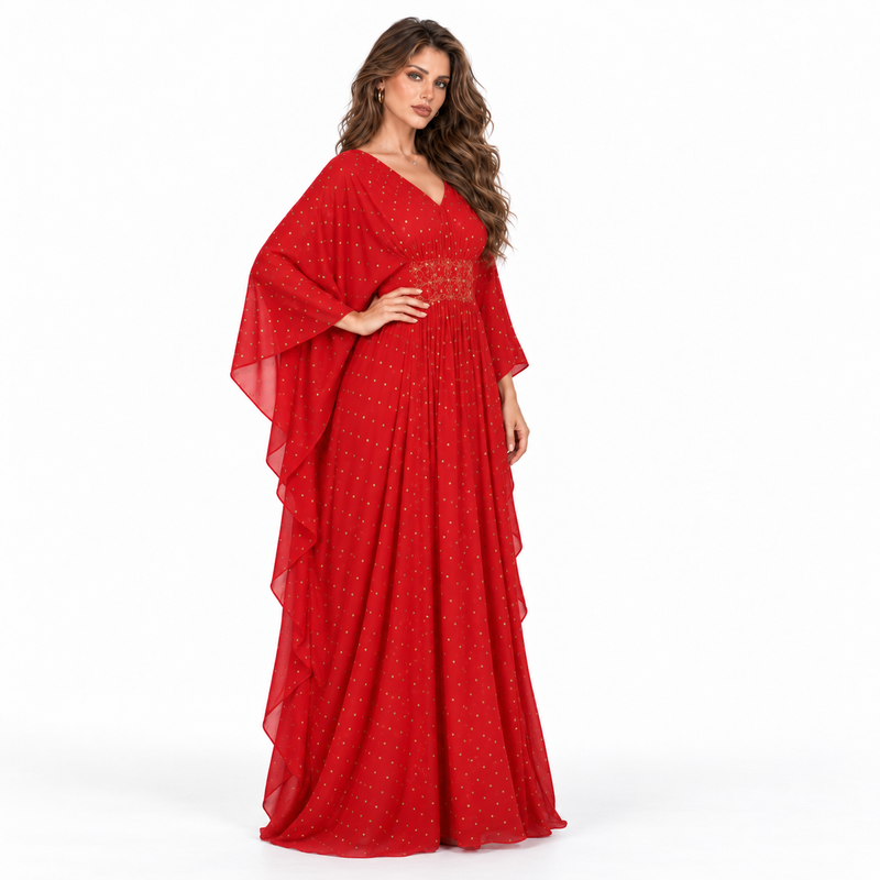 Red Gold Embellished Luxury Chiffon Kaftan-3