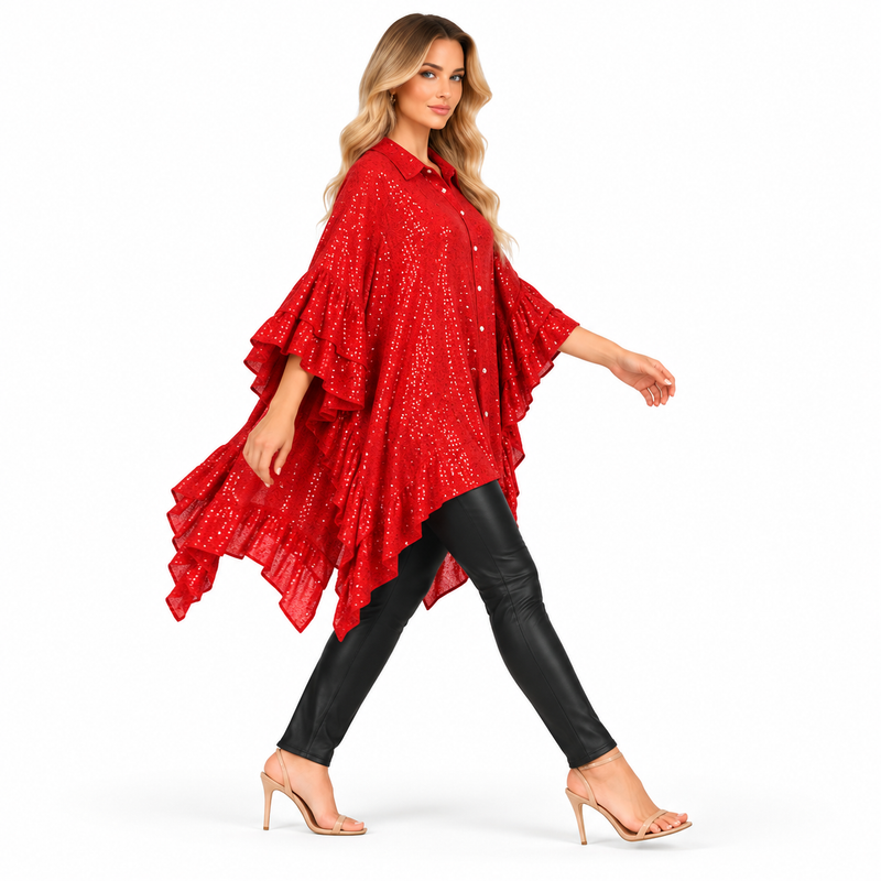 Elegant Red Sequin Ruffle Kaftan Top-2