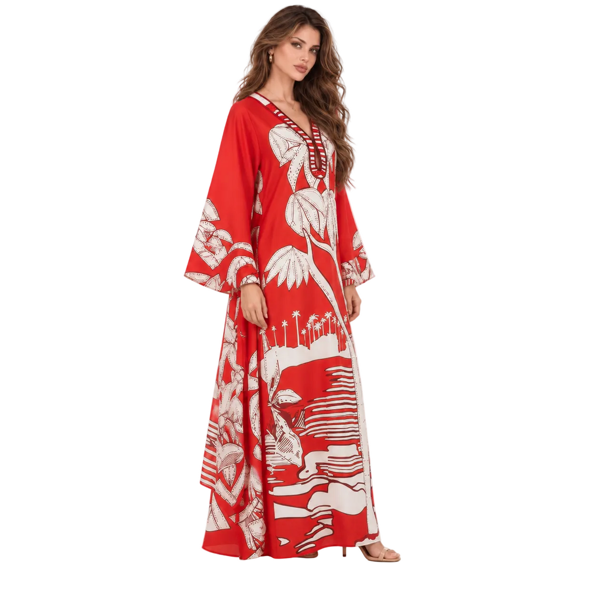 Red White Tropical Print Kaftan Dress-3