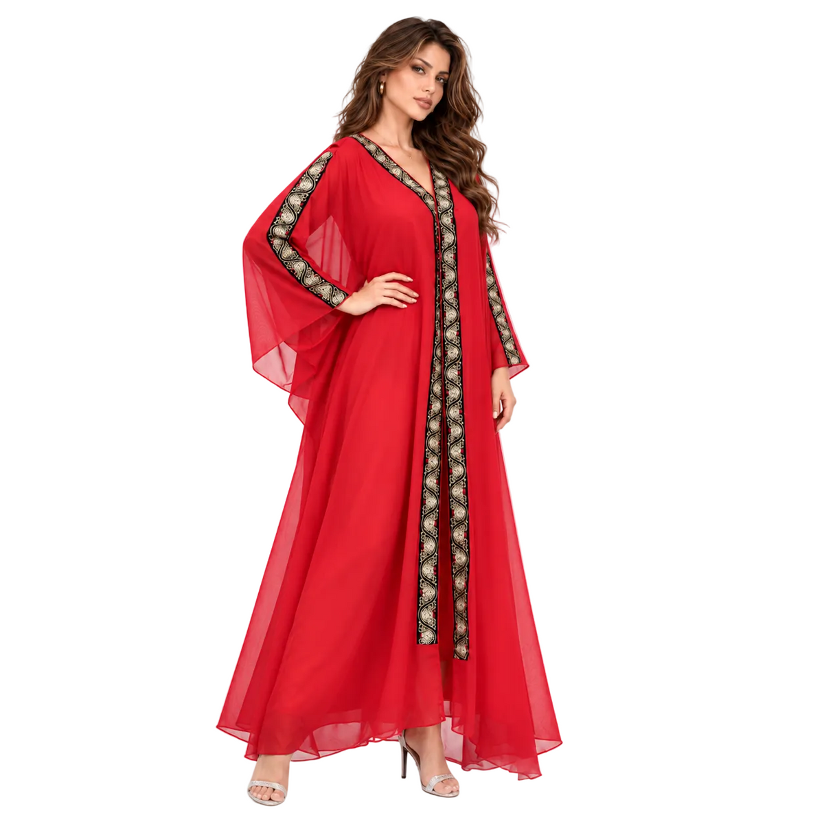 Red Gold Embroidered Chiffon Kaftan Dress-3