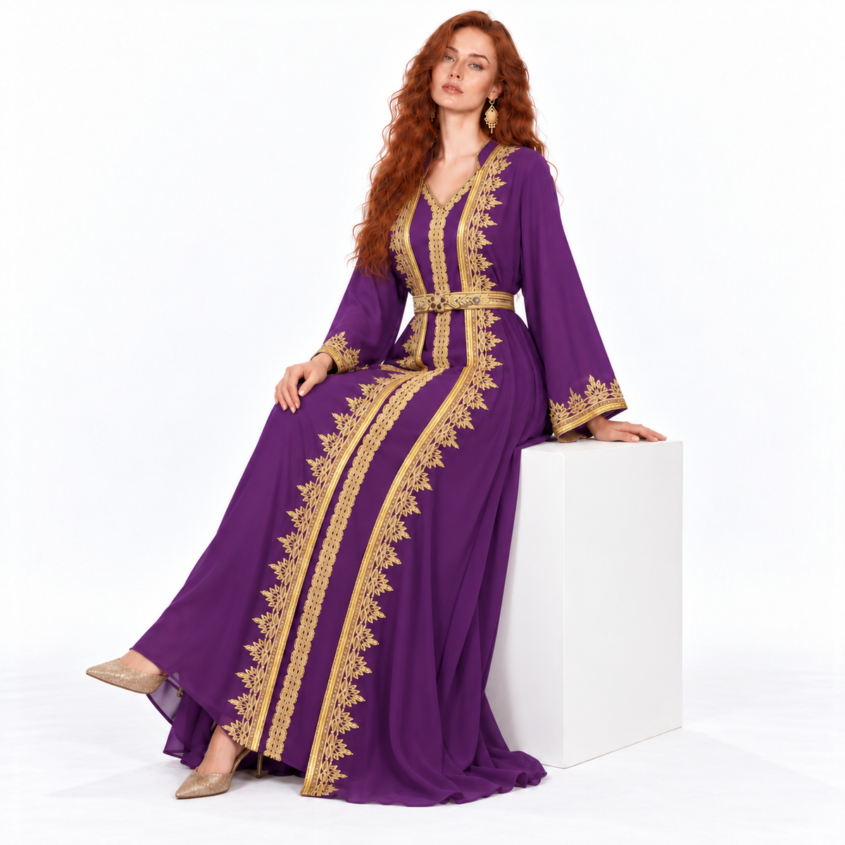 Elegant Purple Gold Embroidered Lebaran Kaftan-3