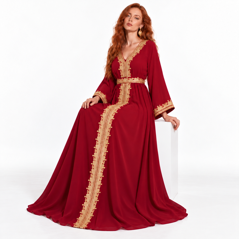 Elegant Red Gold Embroidered Lebaran Kaftan-2